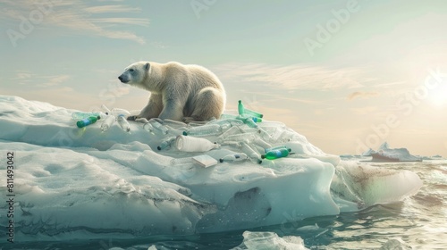 A polar bear is sitting on a pile of plastic bottles on top of a large ice block