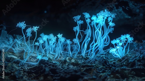 Illustration of mycelium strands flourishing in the darkness of the underground, signaling through bioluminescent emissions in a study of fungal bacterial mutualism
