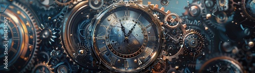 Detailed visualization of an antique clock mechanism intertwined with advanced futuristic gears, set against an abstract representation of time warping