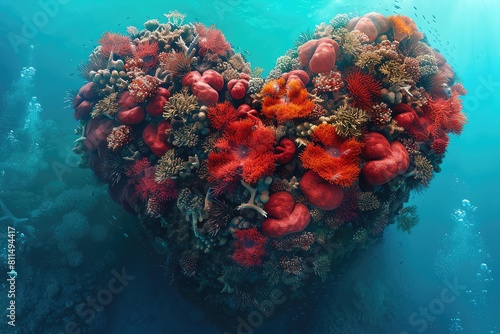 Underwater photograph of a coral reef shaped like a human heart, highlighting the connection between marine life and human health themes