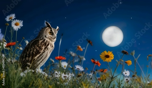 Wildflowers against a blue sky in the night with owl