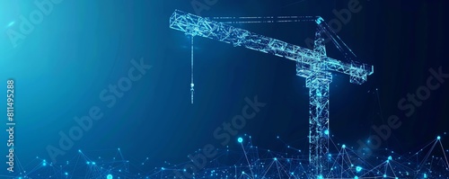 Neon outline of a crane against a midnight blue gradient, glowing lines defining its towering structure on a white backdrop