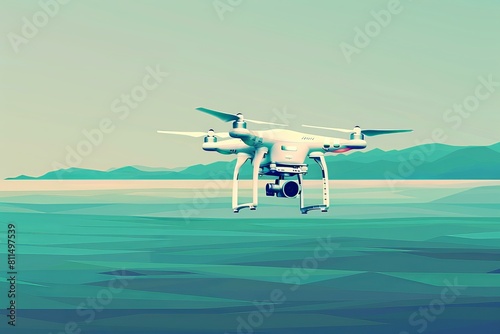 The hexacopter flies over the sea. It has a camera.