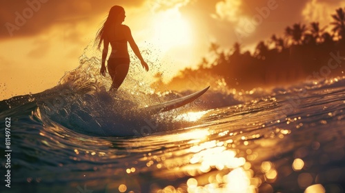 Silhouette of woman surfing on sea waves, AI generated image