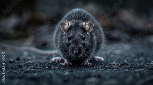 A black rat is standing on the ground. Generative AI.