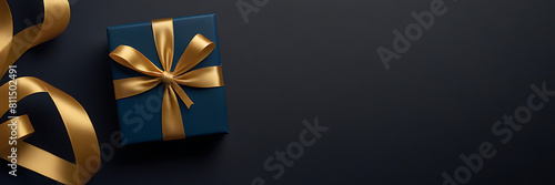 Blue gift box with gold stain ribbon on dark background 