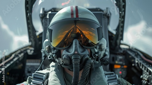 A fighter pilot in a cockpit with goggles Generative AI.