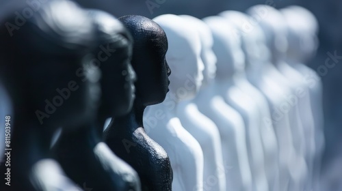 A 3D rendering of a row of faceless mannequins, one black and the rest white. Best Job Candidate HR human resources technology.Online and modern technologies for simplifying the human resources 