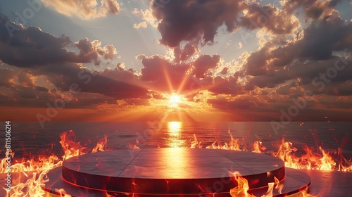 Blazing horizon podium with sun flare and evening fire, suitable for products needing a dynamic, energetic backdrop