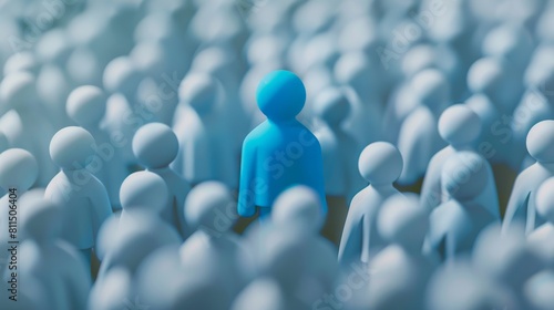 A 3D rendering of a crowd of faceless people. One person in the center is a different color. Best Job Candidate HR human resources technology.Online and modern technologies for simplifying the human r