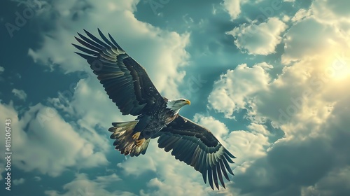 A majestic eagle soaring high in the sky, its wings outstretched against the clouds.