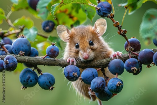 A little hazel dormouse with small ears and dark blue plums on the branch of a hawthorn,
