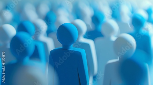 Blue and white faceless people. One blue person stands out from the crowd. Best Job Candidate HR human resources technology.Online and modern technologies for simplifying the human resources