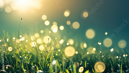 grass with dew on a sunny day with bokeh highlights