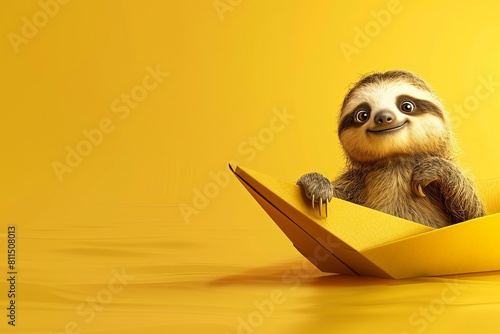 baby sloth sitting on a paper boat, yellow background banner