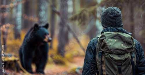 Person in forest wearing backpack facing black bear