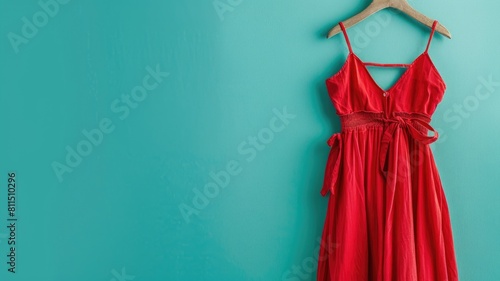 Bright red dress hanging on wooden hanger against teal blue wall
