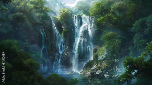 A majestic waterfall plunging into a pool below, surrounded by lush greenery, an awe-inspiring nature wallpaper.
