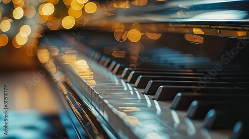 A close up of a piano with lights in the background.