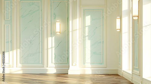 Unoccupied luxury interior with neutral walls, aqua marble decorations, cherry parquet, and cylinder lights.
