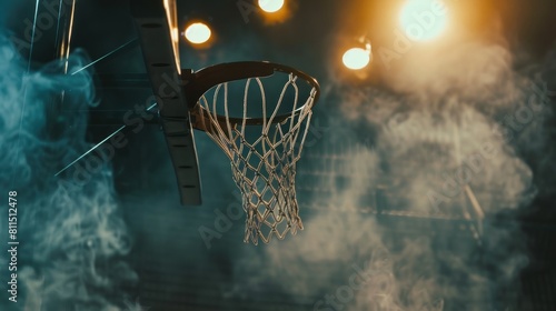 Basketball hoop with stadium lights and dramatic smoke. AI generated image