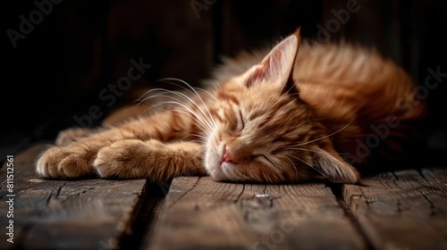 portrait of cute orange cat sleeping on wooden floor while looking at camera, AI generated image