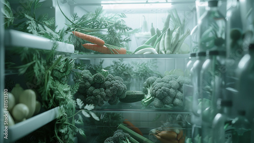 Many Green fresh vegatables and carrots and Bittergourds in one direction towards the centre of a refrigerator.