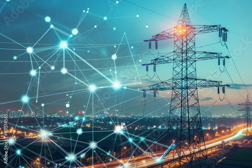 Intelligent electric grid uses AI for balancing energy needs and integrating eco-friendly sources.