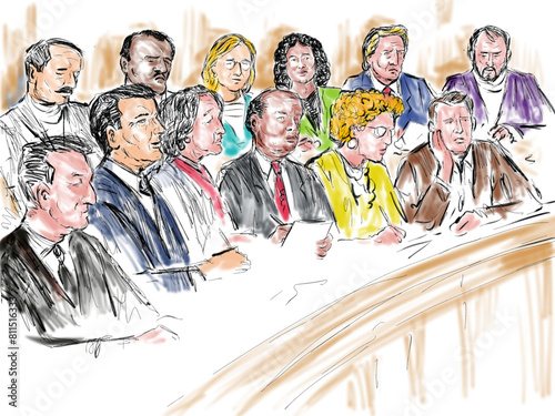 Pastel pencil pen and ink sketch illustration of a courtroom trial setting a jury of twelve 12 peers person juror on a court case drama in judiciary court of law and justice.