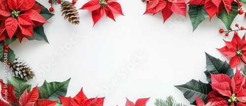 Christmas red poinsettia flowers frame a festive setting adorned with colorful decorations for the season