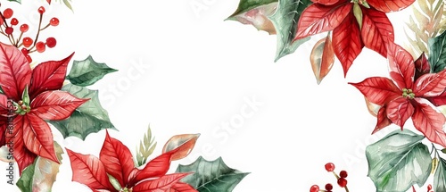 Christmas red poinsettia flowers frame a festive setting adorned with colorful decorations for the season