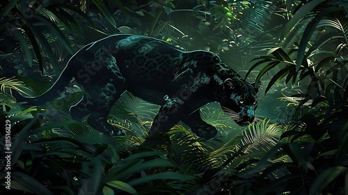 A sleek panther prowling through the dense jungle undergrowth, its powerful presence barely making a sound.