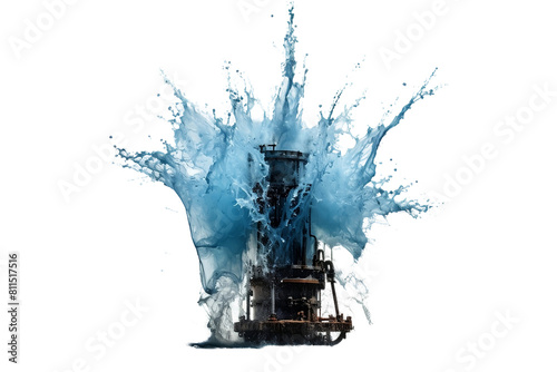 Forceful eruption of water from malfunctioning water pump.