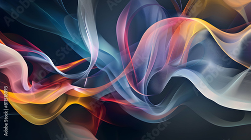Abstract colorful background with flowing shapes and curves on a dark grey background