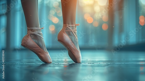 Pair of ballet slippers hanging next to a dancers feet practicing at the barre, focusing on the elegance and discipline of ballet