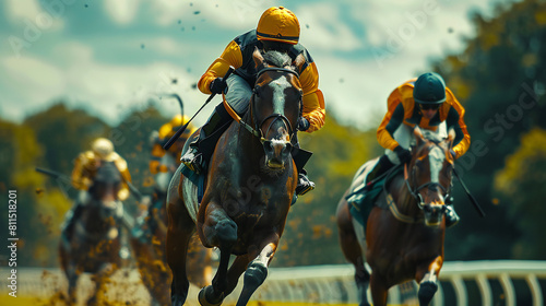 Intense Racing Action as Jockeys Guide Horses around a Swift Turn