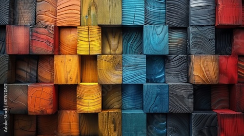 Colorful 3D wooden cubes form a vibrant display on the textured wall surface.