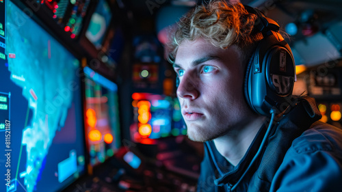 engineer with headset in a launch control room, staring at screens a launch that about to happen