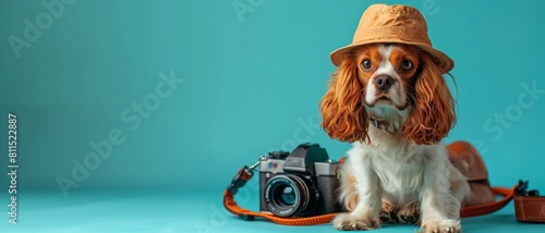 A Cavalier King Charles Spaniel wearing a safari hat poses thoughtfully with a vintage camera, evoking a nostalgic and explorative theme.