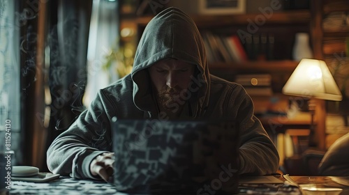 A hacker wearing a hoodie and typing furiously on a laptop, breaking into a corporate database from a remote location