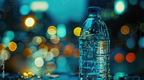 Bottle of water on the table with bokeh background.