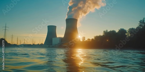 nuclear power plant, focusing on the iconic cooling towers and the steam rising against a clear sky