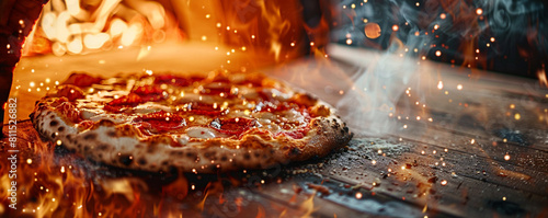 A photo of a pizza being taken out of a wood-fired oven, with flames licking at the crust, on the left side of the banner with copyspace for your hot and fresh offerings.