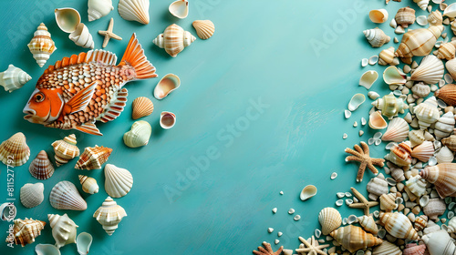 banner for world ocean day, fish made from shells on blue background with copy space 