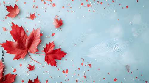 banner for canada day with place for text, red maple leaves on a light blue background with copy space 