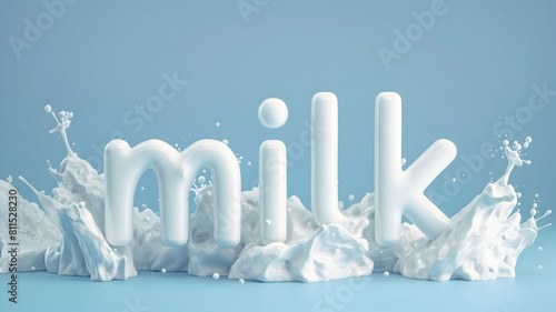 banner for world milk day, on a blue background with white 3D letters the text "milk" and splashes of milk 