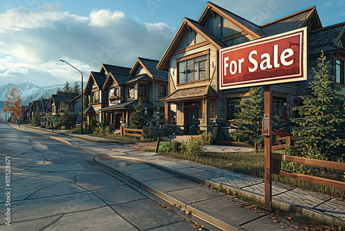A photorealistic image of "For Sale" signs on a variety of properties in a desirable neighborhood. Copyspace on the right.
