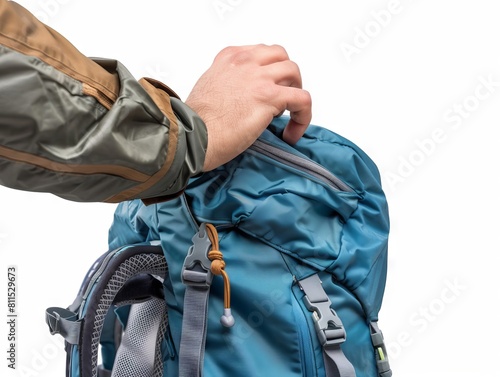 A person holding a backpack with a blue strap Generative AI.