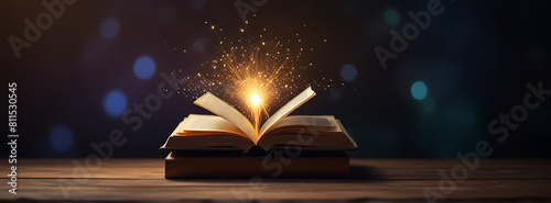 An old, worn, red text book, lying opened on a classroom desk with sparkles and stars rising upwards from its centre as a concept of learning, education, knowledge and religion