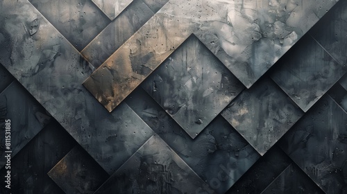 Dark metal background with geometric shapes.